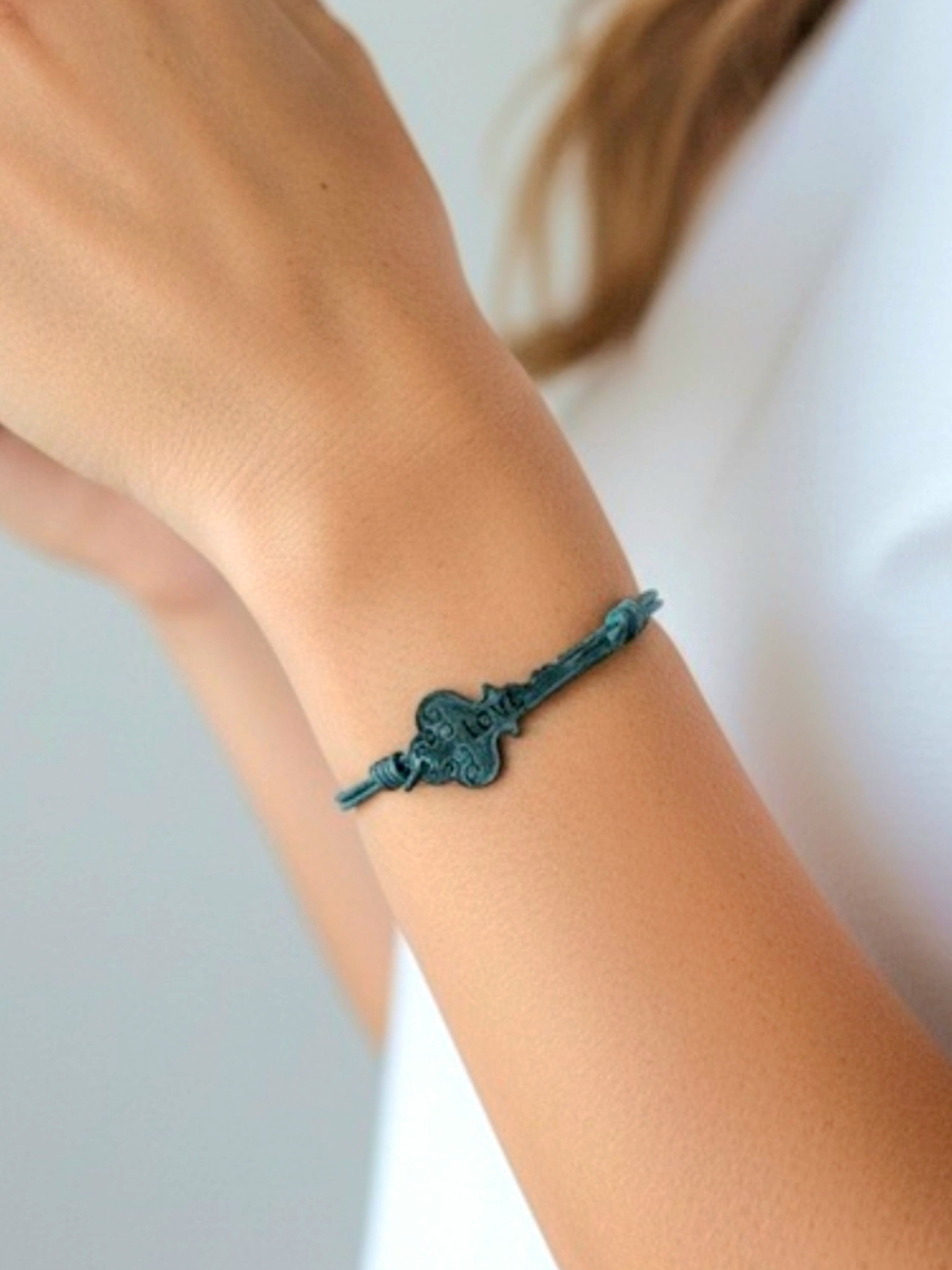 LOVE Teal Metal Hook Bracelet with Ornate Accent